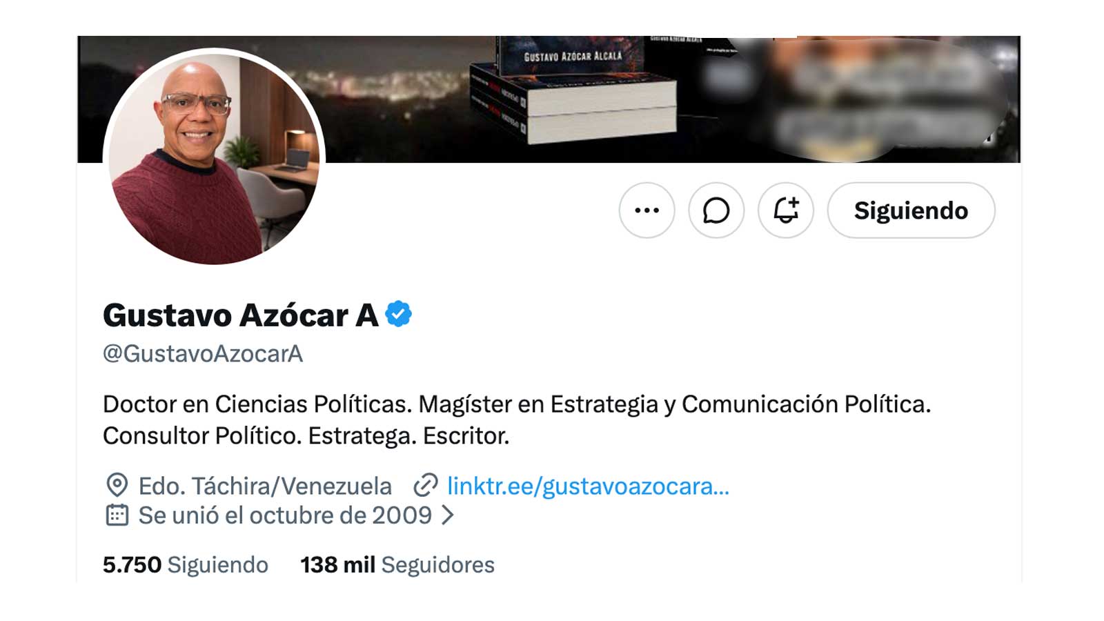 Perfil de Gustavo Azócar en X, doctor en Ciencias Políticas y consultor político, fuente de esta publicación