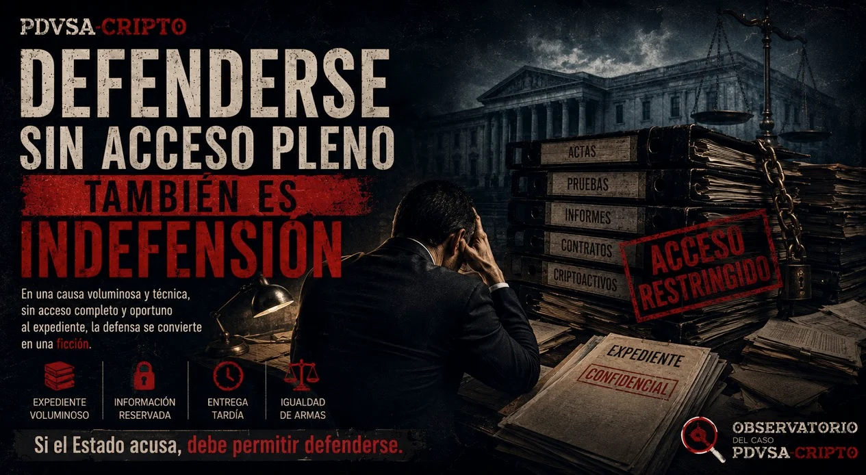 Portada horizontal de 'Defenderse sin acceso pleno también es indefensión', con un hombre de espaldas frente a un expediente confidencial, una torre de actas, sellos de acceso restringido y el Palacio de Justicia al fondo.