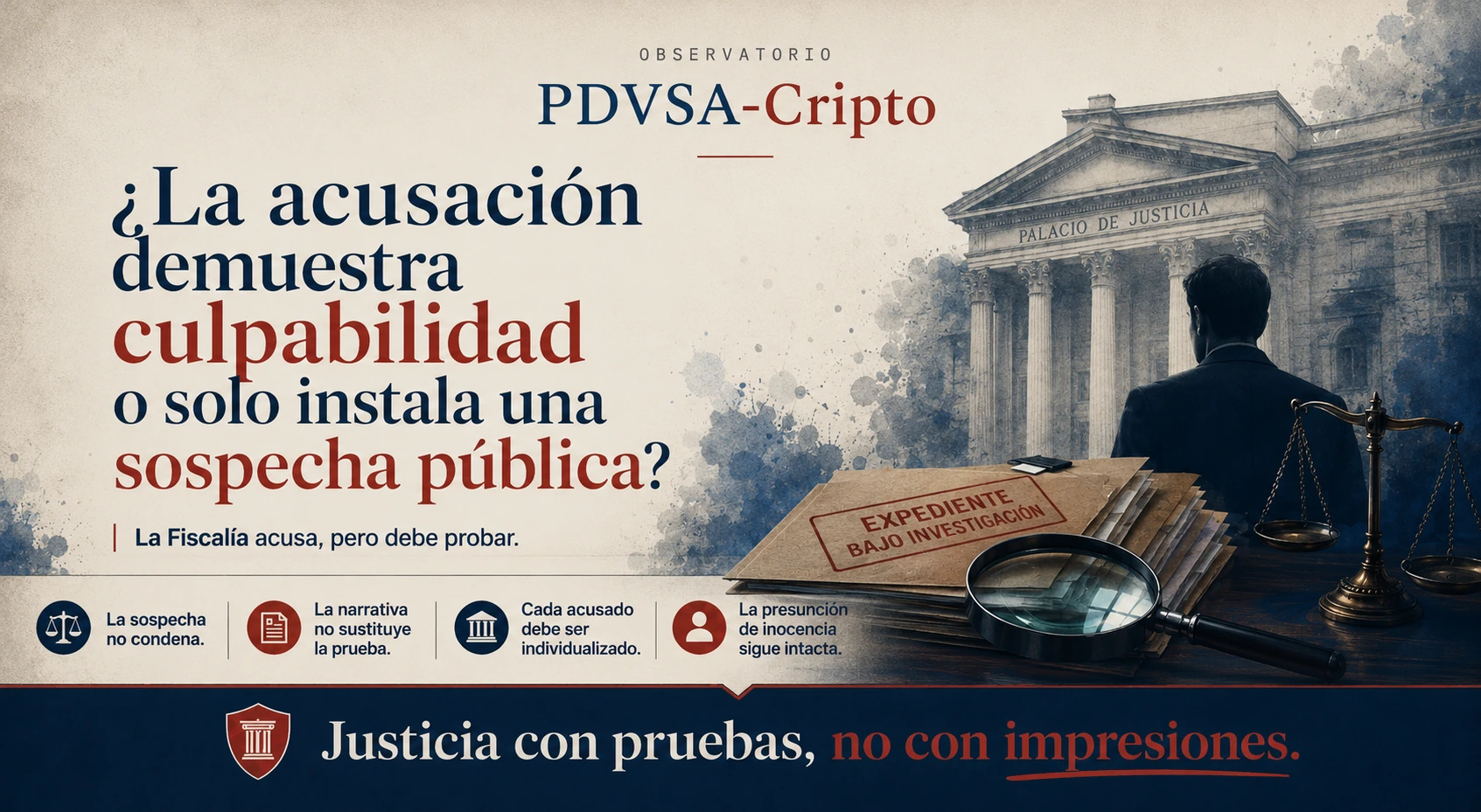 Portada horizontal de '¿La acusación demuestra culpabilidad o solo instala una sospecha pública?', con un expediente bajo investigación, la fachada del Palacio de Justicia y preguntas sobre la prueba.