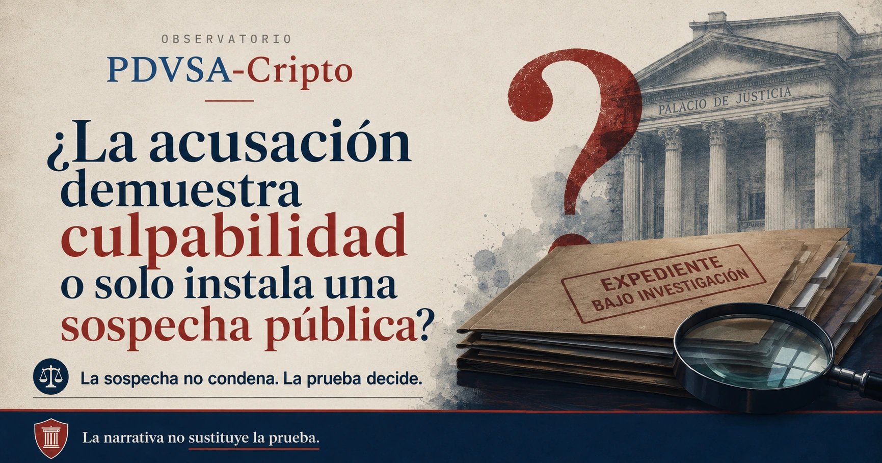 Portada horizontal de '¿La acusación demuestra culpabilidad o solo instala una sospecha pública?', con un gran signo de interrogación, un expediente bajo investigación y la frase sobre sospecha y prueba.