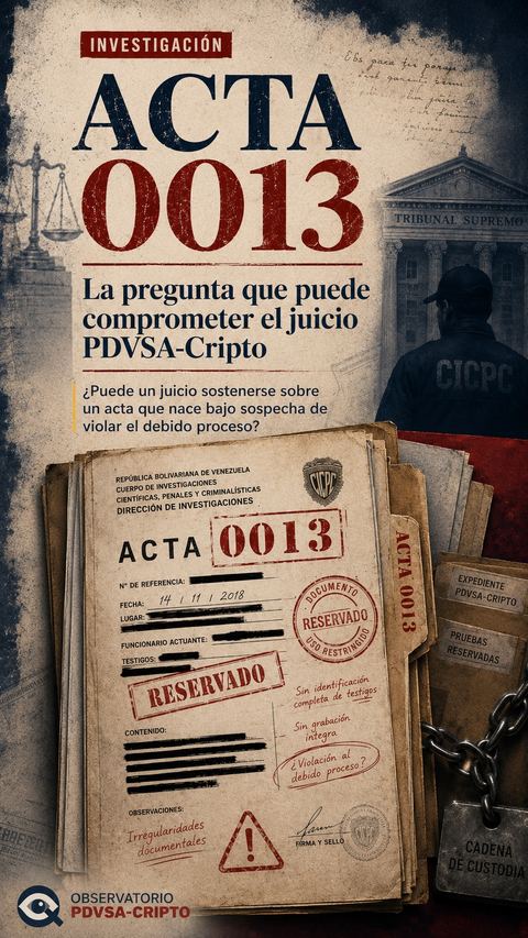 Cartel vertical 'Acta 0013: la pregunta que puede comprometer el juicio PDVSA-Cripto' del Observatorio PDVSA-Cripto, con un facsímil del acta policial 0013 del CICPC con datos tachados y sellos de 'reservado' y 'uso restringido', junto a la fachada del Tribunal Supremo de fondo.