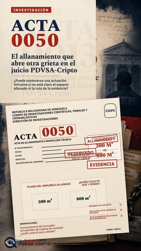 Portada vertical de 'Acta 0050: el allanamiento que abre otra grieta en el juicio PDVSA-Cripto', con un acta del CICPC sobre una base documental, sellos de allanamiento y una discrepancia de 200 m² versus 800 m².