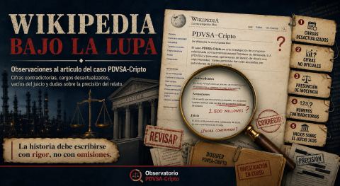 Portada horizontal de 'Wikipedia bajo la lupa del Observatorio PDVSA-Cripto', con una página de Wikipedia sobre el caso PDVSA-Cripto, una gran lupa, la justicia al fondo y sellos de revisión.